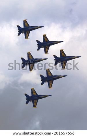 JONES BEACH, NY MAY 25: US Navy Blue Angels F-18 Hornet planes perform in air show during Fleet Week 2014 in Jones Beach on May 25, 2014. Blue Angels are the oldest active aerobatic team in the world