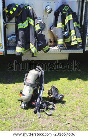 FREEPORT, NEW YORK - MAY 25 Fire fighter gear in Freeport on May 25, 2014