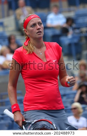 NEW YORK - AUGUST 27: Grand Slam champion Petra Kvitova during first round match at US Open 2013 against Misaki Doi at Billie Jean King National Tennis Center on August 27, 2013 in New York