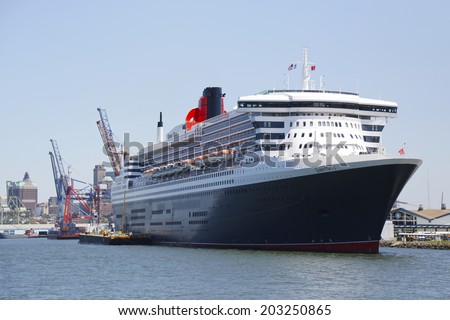 NEW YORK - JULY 6: Queen Mary 2 cruise ship docked at Brooklyn Cruise Terminal on July 6, 2014. Queen Mary 2 is Cunard s flagship