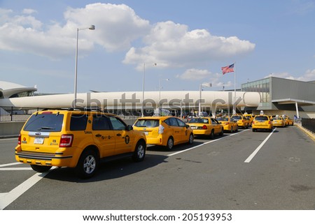 NEW YORK- JULY 10: New York Taxi line next to JetBlue Terminal 5 at John F Kennedy International Airport in New York on July 10, 2014.
