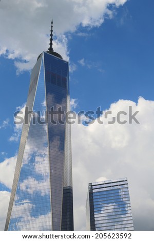 NEW YORK - JULY 17: Freedom Tower in Lower Manhattan on July 17, 2014. One World Trade Center is the tallest building in the Western Hemisphere and the third-tallest building in the world