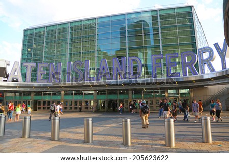 NEW YORK - JULY 17: The Staten Island Ferry Whitehall Terminal in Manhattan on July 17, 2014