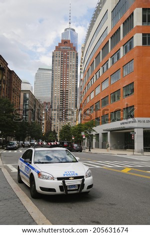 NEW YORK - JULY 17: NYPD car providing security in World Trade Center area of Manhattan on July 17, 2014