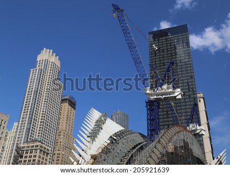 NEW YORK - JULY 17: Construction of the World Trade Center Transportation Hub by Santiago Calatrava continues in Manhattan on July 17, 2014
