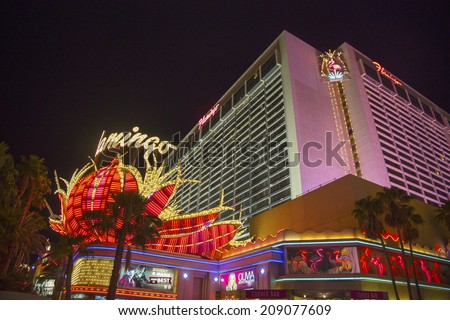 LAS VEGAS, NEVADA - MAY 12 : Neon sign in the front of Flamingo Las Vegas Hotel and Casino on May 12, 2014. Mobster Bugsy Siegel opened The Flamingo Hotel & Casino on December 26, 1946