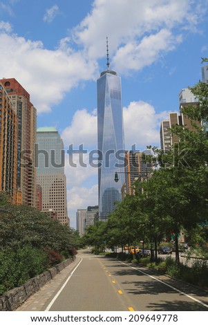 NEW YORK - AUGUST 7: Freedom Tower in Lower Manhattan on August 7, 2014. One World Trade Center is the tallest building in the Western Hemisphere and the third-tallest building in the world