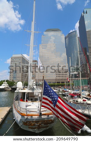 NEW YORK CITY - AUGUST 7:Tall ships docked at the North Cove Marina at Battery Park in Manhattan on August 7, 2014
