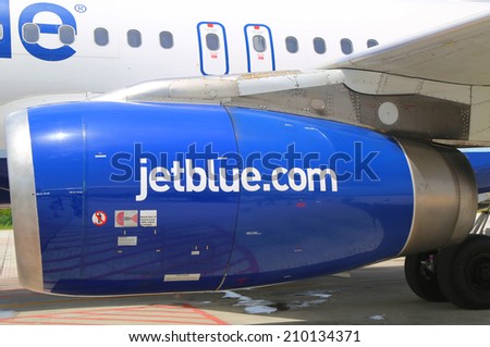 GRAND CAYMAN, CAYMAN ISLANDS - June 13  JetBlue Airbus A320 engine at Owen Roberts International Airport at Grand Cayman on June 13, 2014