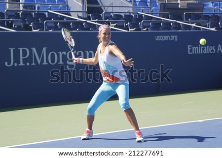 NEW YORK - AUGUST 19: Two times Grand Slam champion Victoria Azarenka practices for US Open 2014 at Billie Jean King National Tennis Center on August 19 , 2014 in New York