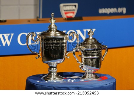 NEW YORK - AUGUST 21: US Open Men and Women singles trophies presented at the 2014 US Open Draw Ceremony on August 21, 2014 in New York