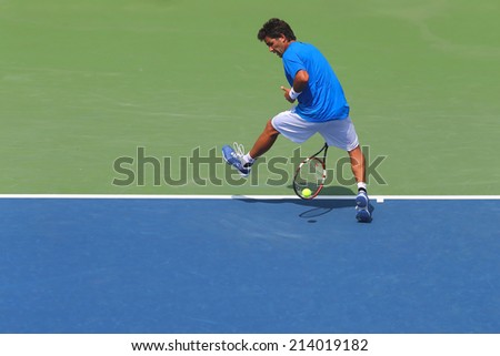 NEW YORK - AUGUST 26: Professional tennis player Massimo Gonzales using Tweener during second round match at US Open 2014 at Billie Jean King National Tennis Center on August 26, 2014 in New York.
