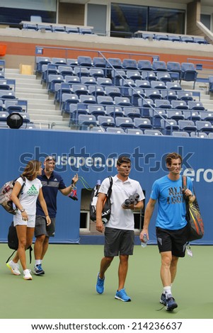 NEW YORK - AUGUST 21: Grand Slam Champion Andy Murray with his team and  coach Amelie Mauresmo ready for practice for US Open 2014 at Arthur Ashe Stadium on August 21, 2014 in New York
