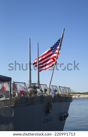 NEW YORK - MAY 25 American flag at the USS Cole guided missile destroyer of the United States Navy during Fleet Week 2014 on May 25, 2014 in New York