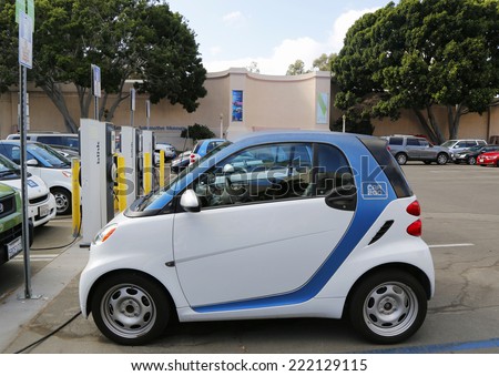 SAN DIEGO, CALIFORNIA - SEPTEMBER 28 Car2go car parked at Electric Car charging station and ready to hire  at Balboa Park in San Diego  on September 28, 2014