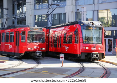SAN DIEGO, CALIFORNIA - SEPTEMBER 29: City trolley in San Diego on September 29, 2014. The San Diego Trolley  is a light rail system operating in the metropolitan area of San Diego