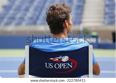 NEW YORK - AUGUST 21: Seventeen times Grand Slam champion Roger Federer during practice for US Open 2014  at Arthur Ashe Stadium on August 21, 2014 in New York