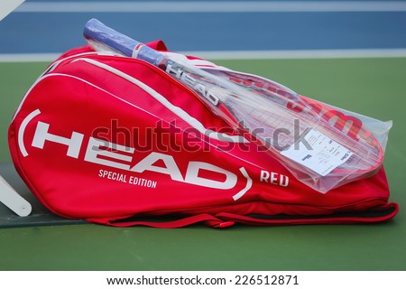 NEW YORK - SEPTEMBER 2 Customized Head tennis bag and Head tennis racket during US Open 2014 at Billie Jean King National Tennis Center on September 2, 2014 in New York