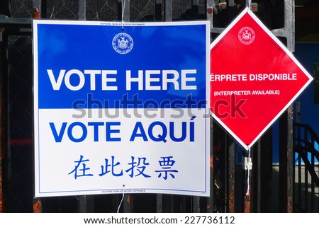NEW YORK - NOVEMBER 5: Signs at the voting site in New York on November 5, 2013.The Voting Rights Act of 1965 is a national legislation in the United States that prohibits discrimination in voting