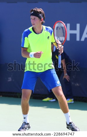 NEW YORK - AUGUST 25 Professional tennis player Sergiy Stakhovsky from Ukraine during first round match at US Open 2014 against Andreas Seppi on August 25, 2014 in New York