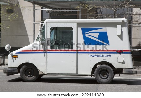 NEW YORK - MAY 6 United States Postal Service van in New York on May 6, 2014. The  US Postal Service is an independent agency of the US federal government providing postal service in the United States