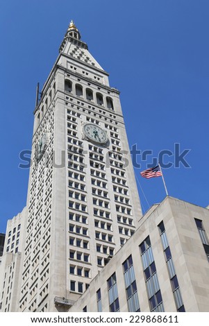 NEW YORK - JUNE 29: Met Life Tower with iconic clock in Manhattan on  June 29, 2014. Clock face is 26.5 feet (8 m) in diameter with each number being four feet (1.2 m) tall.