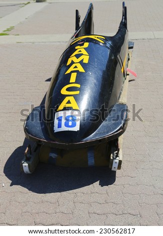 CALGARY, CANADA - JULY 29: Jamaican Bobsleigh Team bob used during XV Winter Olympic Games located at Canada Olympic Park in Calgary on July 29, 2014
