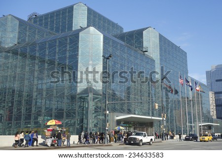 NEW YORK - DECEMBER 1: Javits Convention Center in Manhattan on December 1, 2014. The convention center has a total area space of 1,800, 000 square ft and has 840,000 square ft of total exhibit space