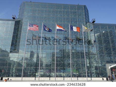 NEW YORK - DECEMBER 1: Javits Convention Center in Manhattan on December 1, 2014. The convention center has a total area space of 1,800, 000 square ft and has 840,000 square ft of total exhibit space