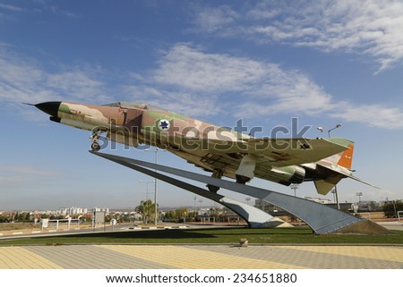 BEER SHEVA, ISRAEL - NOVEMBER 28: Israel Air Force McDonnell Douglas F-4E Phantom II fighter jet on a traffic circle in Beer Sheva on November 28, 2014.