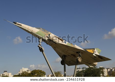 BEER SHEVA, ISRAEL - NOVEMBER 28: Israel Air Force Kfir C2 fighter jet on a traffic circle in Beer Sheva on November 28, 2014. Kfir is the first made in Israel fighter aircraft made by IAI