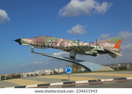 BEER SHEVA, ISRAEL - NOVEMBER 28: Israel Air Force McDonnell Douglas F-4E Phantom II fighter jet on a traffic circle in Beer Sheva on November 28, 2014.