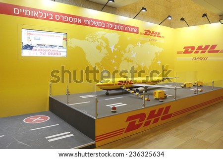 TEL AVIV, ISRAEL - NOVEMBER 28: DHL Express display in Ben Gurion International Airport in Tel Aviv on November 28, 2014.