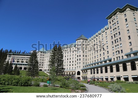 LAKE LOUISE, CANADA - JULY 27: View of the famous Fairmont Chateau Lake Louise Hotel on July 27, 2014. Lake Louise is the second most-visited destination in the Banff National Park.