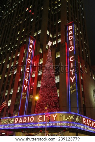 NEW YORK - DECEMBER 18: New York City landmark, Radio City Music Hall in Rockefeller Center decorated with Christmas decorations in Midtown Manhattan on December 18, 2014