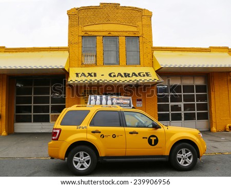 NEW YORK -NOVEMBER 13: New York Yellow Taxi in the front of taxi garage in Park Slope section of Brooklyn on November 13, 2014.