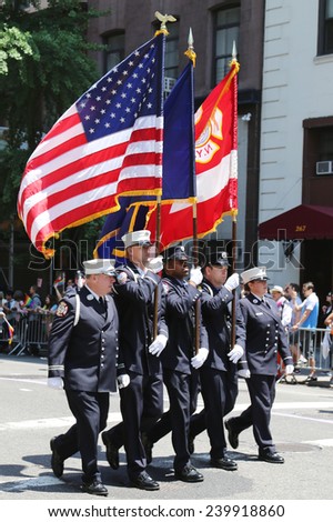 NEW YORK - June 29, 2014: The Color Guard of the Fire Department of New York  during at LGBT Pride Parade in New York on June 29, 2014.