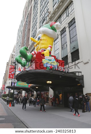 NEW YORK - DECEMBER 18: SpongeBob Squarepants decoration at Macy\'s at Herald Square on Broadway in Manhattan on December 18 , 2014. In 1924 Macy\'s was declared the \