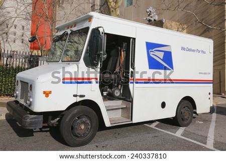 BROOKLYN, NEW YORK - DECEMBER 12: United States Postal Service truck in Brooklyn on December 12, 2014. USPS is the operator of the largest civilian vehicle fleet in the world