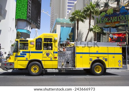 LAS VEGAS, NEVADA - MAY 10, 2014: Clark County Fire Department Paramedic Truck on Las Vegas Strip.The Clark County Fire Department  provides fire protection and emergency medical services in Nevada