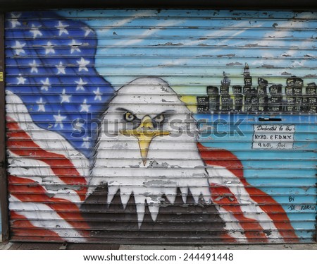 BROOKLYN, NEW YORK - DECEMBER 4, 2014: Mural in the memory of NYPD and FDNY personnel lost at September 11, 2001 in Brooklyn