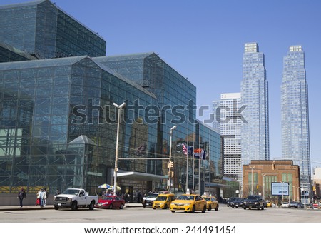 NEW YORK - APRIL 24, 2014: Javits Convention Center in Manhattan. The convention center has a total area space of 1,800, 000 square ft and has 840,000 square ft of total exhibit space