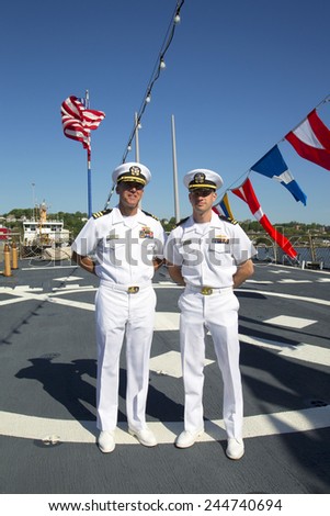NEW YORK - MAY 25: Unidentified US Navy commanders on the deck of US Navy guided-missile destroyer USS McFaul during Fleet Week 2014 in New York