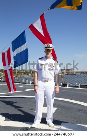 NEW YORK - MAY 25: Unidentified US Navy officer on the deck of US Navy guided-missile destroyer USS McFaul during Fleet Week 2014 in New York