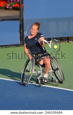 NEW YORK - SEPTEMBER 4, 2014: Tennis player Aniek Van Koot from Netherlands during US Open 2014 wheelchair singles match at Billie Jean King National Tennis Center in New York