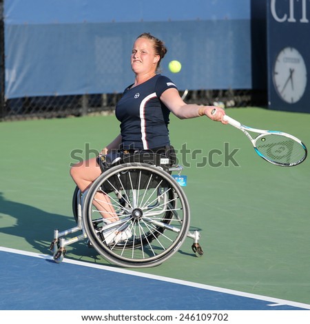 NEW YORK - SEPTEMBER 4, 2014: Tennis player Aniek Van Koot from Netherlands during US Open 2014 wheelchair singles match at Billie Jean King National Tennis Center in New York