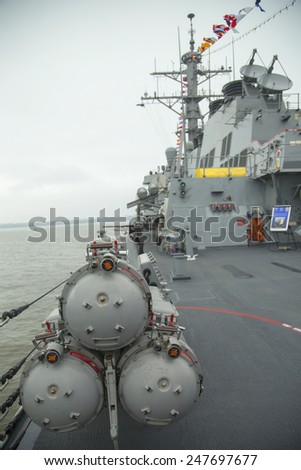NEW YORK - MAY 22, 2014: Torpedoes on US Navy destroyer USS McFaul during Fleet Week 2014 in New York
