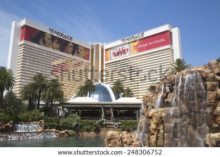 LAS VEGAS, NEVADA - MAY 9, 2014: The Mirage Casino on the Las Vegas Strip in Las Vegas. The Mirage is a 3 044 room hotel and casino resort built by developer Steve Wynn