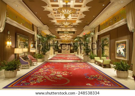 LAS VEGAS, NEVADA - MAY 9, 2014: Meeting rooms hall at the Wynn Hotel and Casino in Las Vegas. The US$2.7 billion resort is named after casino developer Steve Wynn