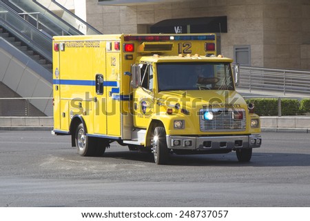 LAS VEGAS, NEVADA - MAY 9, 2014: Clark County Fire Department Paramedic Truck on Las Vegas Strip.The Clark County Fire Department provides fire protection and emergency medical services in Nevada